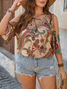 SHEIN VCAY Plus Size Women Floral Print Off Shoulder Short Sleeve Casual Bluzka Boho Women Clothing Boho Outfits Women Boho Bluzka