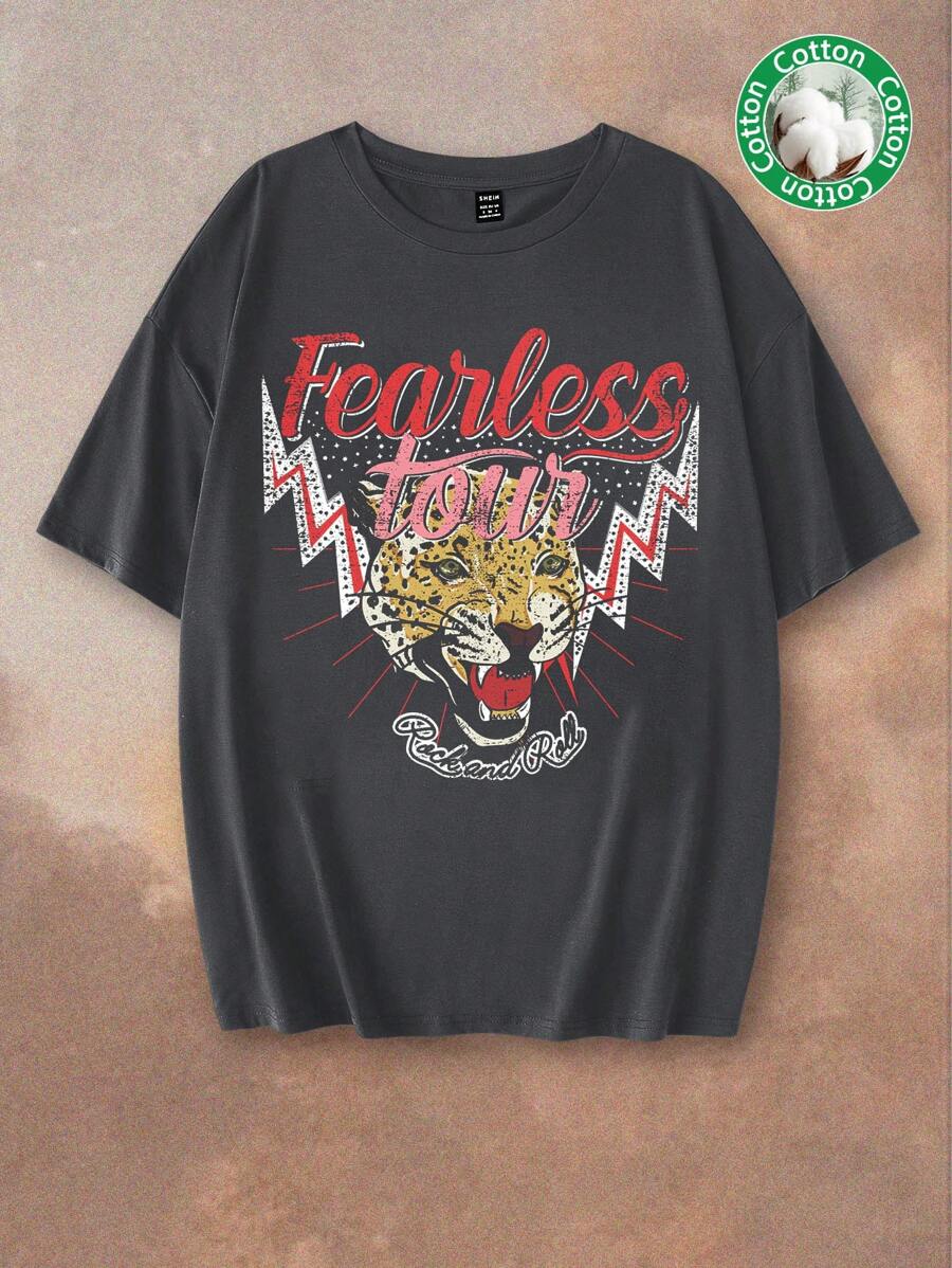 SHEIN EZwear Oversized Casual Tiger Graphic Round Neck Short Sleeve T-Shirt For Women Back To School
