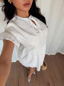 Breezaya V-Neck Solid Color Knit Embroidered Lace Trim Short Sleeve Dress, Random Butterfly Embroidery, Vacation Beach Summer Dress - White - View 5