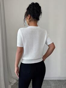 Chiquease Women Elegant Embroidery Round Neck Short Sleeve Knitted Top