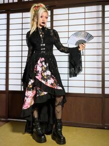 ROMWE J-Fashion 女式花卉印花撞色蕾丝喇叭袖长裙 - 黑色 - 查看 1