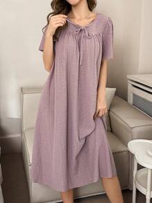 Women's Loose Texture Jacquard Round Neck Drawstring Nightgown