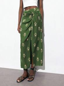 Maija Asymmetrical Print Twist Design Mid-Waist Women Skirt, Comfortable Casual Versatile For Autumn/Winter, Beach, Music Festival, Bohemian Style, Island Resort,Halloween,Fall Clothes For Women Beach Outfit For Women