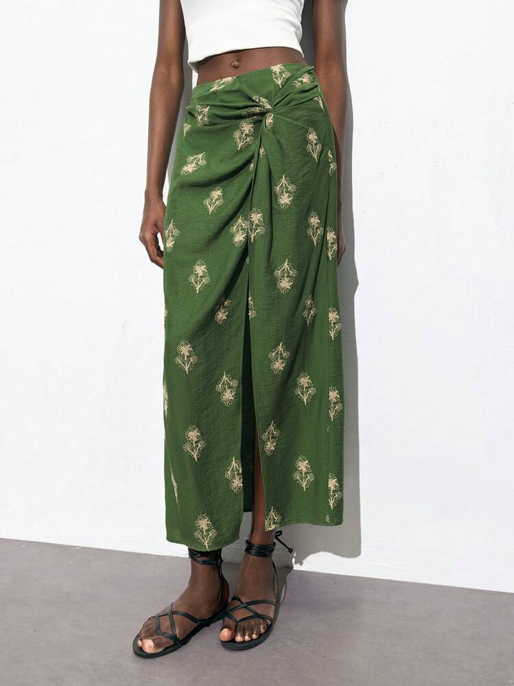 Saia Longa Floral com Babados e Camadas Fluida para o Verão MAIJA - Verde - Visão 6