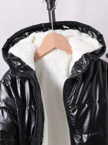 Teen Boys Black Shiny Hooded  Coat, Versatile Daily Wear - Black - View 4