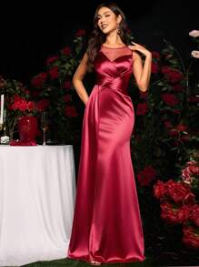 Coutiva 纯色褶饰长款正式晚礼服，奢华长裙，酒红色连衣裙，适合春夏季音乐节、派对礼服、婚礼宾客礼服、鸡尾酒会