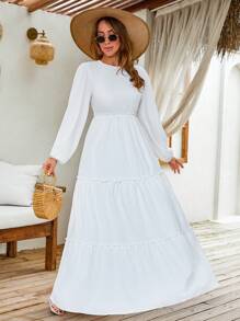 SHEIN Tall Vestido casual de mujer de unicolor con cuello redondo, mangas farol y volantes escalonados en el bajo