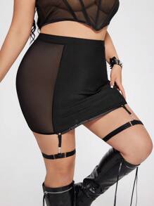 SHEIN ICON Plus Size Women Tight-Fitting Mesh Patchwork See-Through Suspender Garter Waist Design Low-Rise Mini Skirt - Black - View 5
