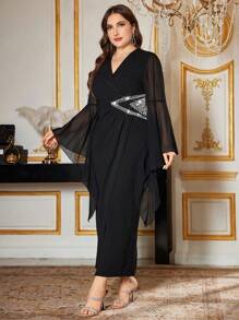 Modelyn Vestido midi elegante de manga larga con ajuste y ribete de volantes, apropiado para primavera y verano, tallas grandes - Negro - Ver 3