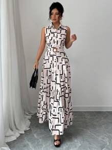 Elenzga New V-Neck Graphic Print Button Sleeveless Tie Cinched Waist Women Dress - Apricot - View 6