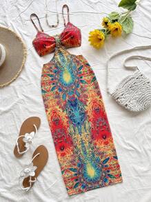 Soleia 新款针织纹理印花镂空腰部连衣裙，休闲度假西部海滩婚礼宾客夏季毕业早午餐装，圣帕特里克节春假复活节音乐节优雅波西米亚热带风情 - 彩色 - 查看 6