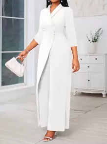 SHEIN Lady 大码女式蓝色无袖阔腿连体裤 V 领长袖十字领珍珠装饰演唱会女装女式连体裤四季蓝色长袖女式连体裤 - 白色 - 查看 1