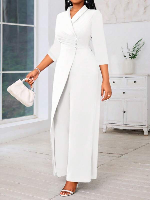 SHEIN Lady  Plus Size Women's Blue Sleeveless Wide Leg Jumpsuit V Neck Long Sleeve With Cross Neck And Pearl Decor Concert Women Outfit Women Jumpsuit Four Seasons Blue Long Sleeve Women Jumpsuit