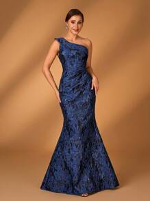 Serin Elegante e luxuoso vestido de cetim jacquard azul marinho com um ombro, pregas e barra de cauda de sereia com flores 3D, adequado para casamentos, eventos, festas, férias, vestidos de festa formal para mãe da noiva - Azul Marinho - Visão 4