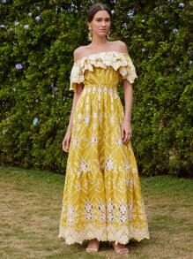 Anewsta 时尚镂空刺绣优雅露肩短袖蕾丝花卉印花连衣裙，适合节日、外出、度假、春季 - 黃色 - 查看 6