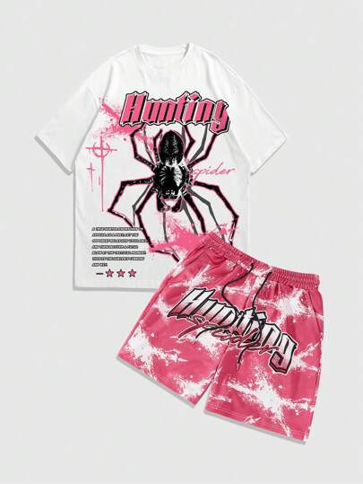 Street Life 2pcs/Set Men's Fashion Spider Logo Print Short Sleeve T-Shirt And Shorts Set