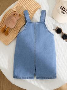 男婴刺绣熊口袋牛仔背带短裤 - 淺色水洗藍 - 查看 2