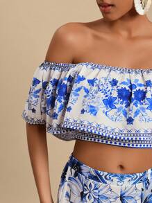 Travachic 女式梭织印花露肩荷叶边下摆短款上衣