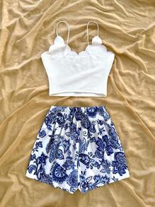 Soleia 2 pièces Ensemble de tenues d'été pour femme en vacances, débardeur blanc à élastique et shorts décontractés à imprimé floral