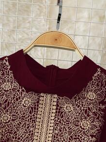 SHEIN Clasi فستان أنيق بطبعات زهرية مطرزة وأكمام فانوس مناسب لمناسبة عيد الحب للمرأة من المقاسات الكبيرة - عنابي اللون - مشاهدة 3