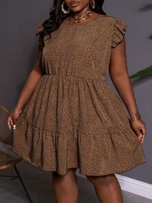 SHEIN CURVE+ Plus Size Round Neck Ruffle Hem Leopard Print Fashion Casual Dress Boho Vacation - Brown - View 5