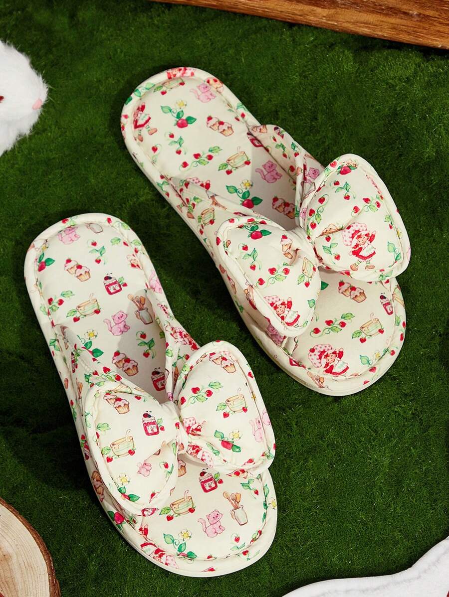 Strawberry Shortcake X SHEIN 3D Bow Decor Ditsy Floral Kapcie Domowe - Wielokolorowe - Zobacz 1
