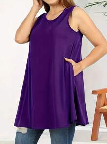Plus Size Casual Solid Color Sleeveless Dress - Purple - View 5
