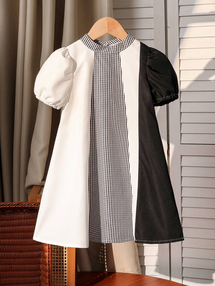 SHEIN Young Girls Elegant Commuter Casual Countryside Lady Princess Earth-Tone Tartan Patchwork Dress For Young Girl, Suitable For Summer, Picnic & Outing,Holiday,Summer,Travel - Black and White - View 1