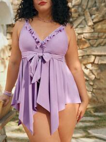 Swim Mod Conjunto de traje de baño de 2 piezas para mujer talla grande con escote en V morado, tirantes de espagueti, bajo asimétrico y cinturón, que es favorecedor y estilizante, ideal para vacaciones de verano