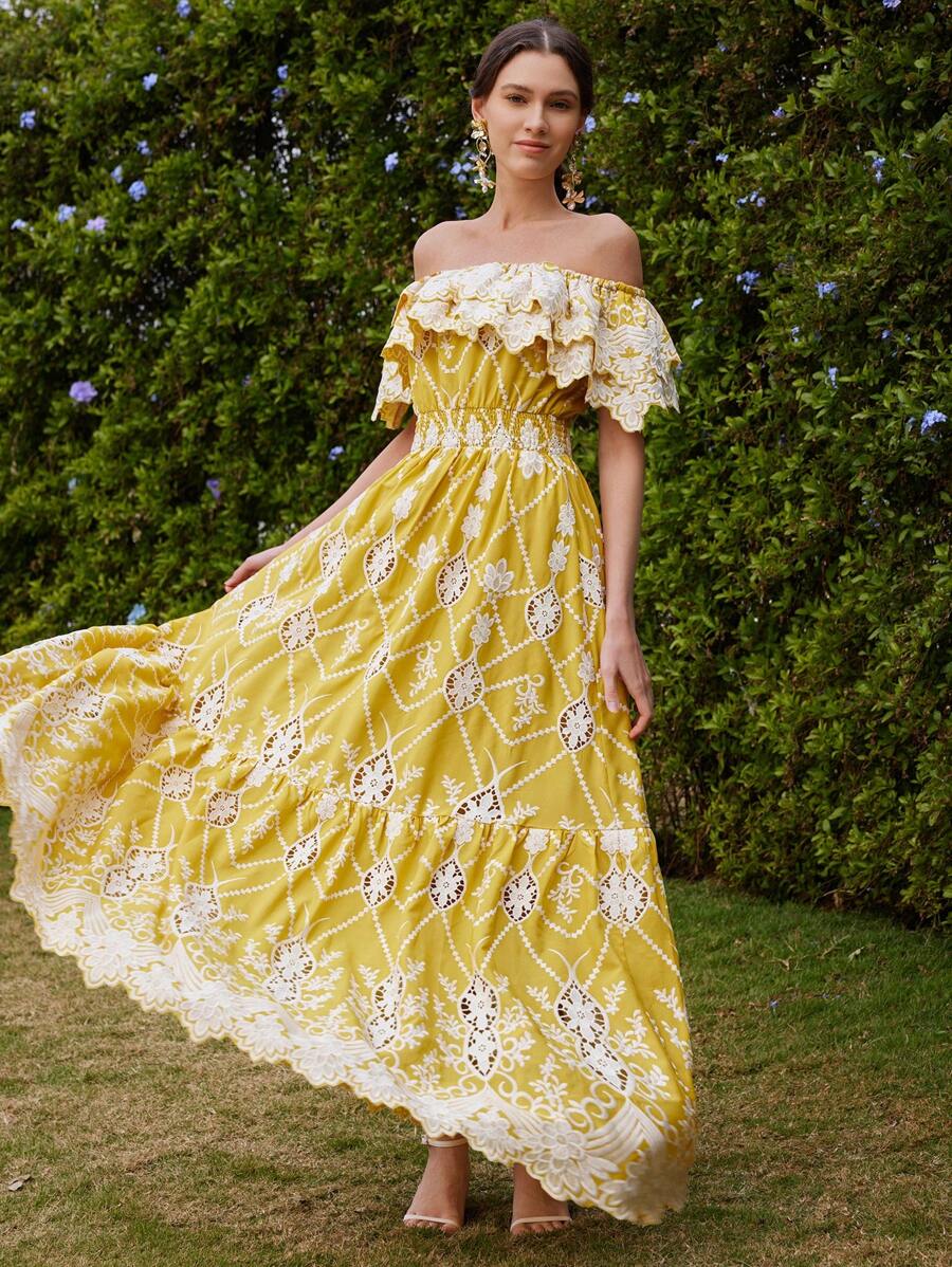 Anewsta 时尚镂空刺绣优雅露肩短袖蕾丝花卉印花连衣裙，适合节日、外出、度假、春季 - 黃色 - 查看 1