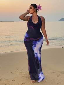 POPSWAY 加大码花卉印花露背连衣裙，适合海滩/度假