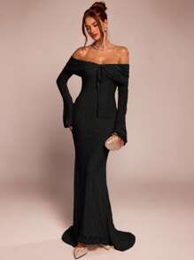 SHEIN BAE 女士露肩白色优雅蕾丝长袖超长美人鱼连衣裙，适合婚礼、派对、聚会 - 黑色 - 查看 6