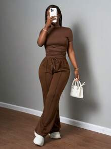 Slaydiva Hàng mới về Thu Đông/Quần áo Thu cho Nữ/Halloween/Quần áo Thu/Đông cho Nữ Bộ hai mảnh áo thun ngắn tay cổ tròn màu trơn dáng ôm và quần ống đứng cạp chun, thích hợp cho mùa xuân hè, màu nâu, phù hợp cho các lễ hội âm nhạc, lễ Phục Sinh, lễ Thánh Patrick. - Cà phê nâu - Xem 7