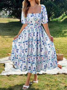 Flirla 大码女式优雅通勤、约会、休闲、度假花卉和植物印花方领泡泡袖短袖连衣裙 - 彩色 - 查看 4