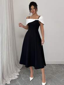 Elenzga Women's Elegant Contrast Color Splice Asymmetric Collar Dress