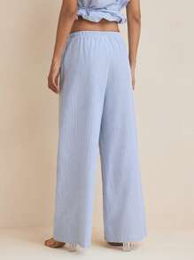 Nektaria Pantalones informales tipo palazzo de mujer con cintura elástica con cordón y patas anchas, de rayas azul claro, para verano, playa, mujeres, conciertos, elegantes, vacaciones, casual de oficina, estilo occidental, bohemio