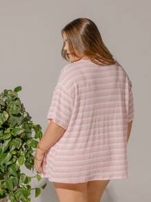 Aralina Plus Size Curve Striped Women Vacation Button Front Short Sleeve Collared Knit Shirt Cover Up