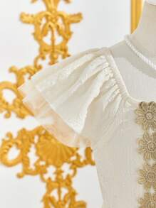 SHEIN Tween Girl Cute Floral Decor Square Neck Ruffle Sleeve Dress - Apricot - View 5