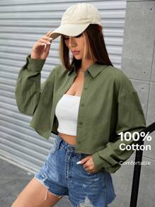 SHEIN EZwear 1pc Drop Shoulder Button Front Crop Shirt - Army Green - View 6