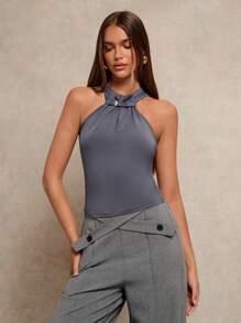 Glamine Áo crop top cổ yếm không tay màu trơn cho nữ - Xám - Xem 5