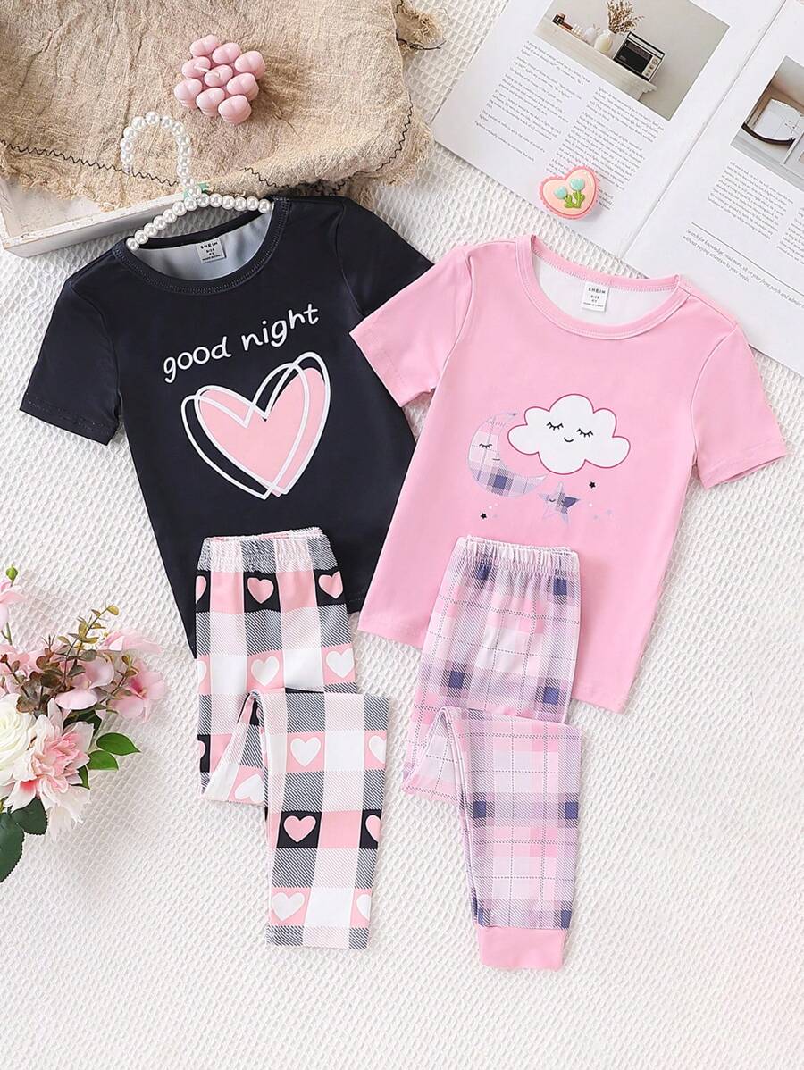 SHEIN 2pcs/Set Young Girl Snug Fit Long Sleeve Casual Homewear Set - Multicolor - View 1