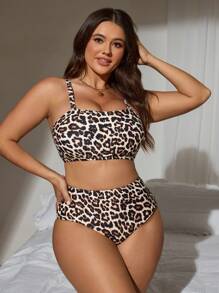 Swim Lushoire Basic Minimalist Leopard Print Plus Size Tankini Swimwear Set For Women For Summer Beach Vacation - Black - View 3