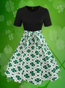 SHEIN LUNE Vestido de mujer talla grande con estampado de trébol de San Patricio, cintura tipo línea A, longitud hasta la rodilla, para primavera