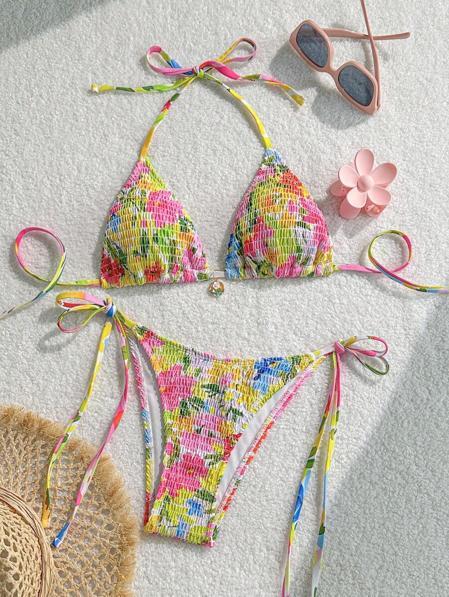 SHEIN Swim Flower Print Halter Top And Tie Side Swim Bottom 2 Pieces Bikini Set, Beach Holiday Boho Swimwear For Summer Beach Vacation - Multicolor - View 1