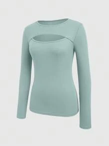 INAWLY Women Casual Solid Color Hollow Out Long Sleeve T-Shirt