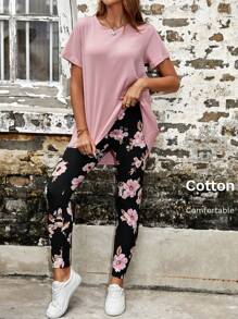 SHEIN VCAY 素色T恤和印花緊身打底褲 - 彩色 - 查看 1