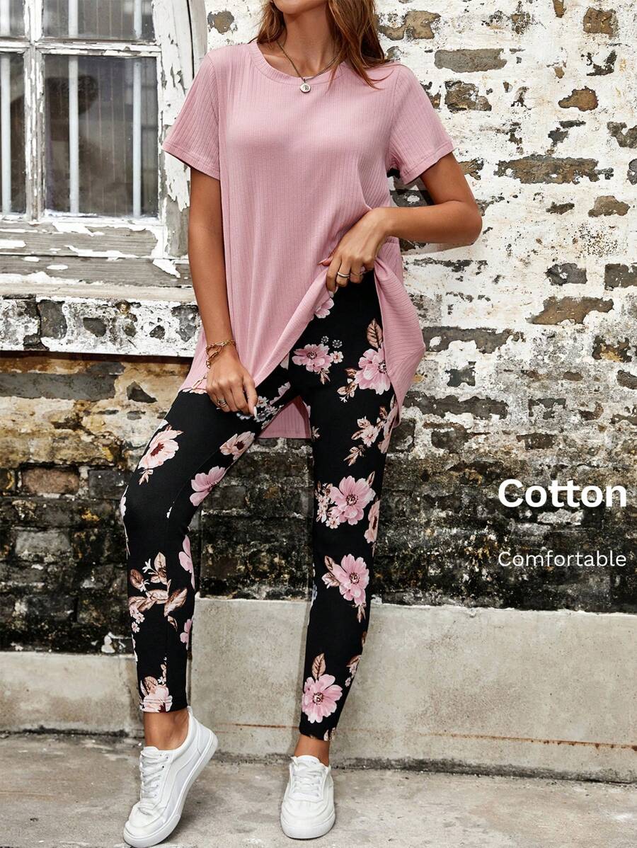 SHEIN VCAY 素色T恤和印花緊身打底褲 - 彩色 - 查看 1