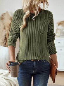 EMERY ROSE Áo thun nữ cổ tròn tay dài kẻ sọc rộng rãi, áo thun họa tiết mùa thu cho nữ mùa xuân - xanh quân đội - Xem 5