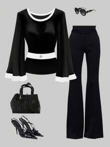 Elenzga Women's Elegant Commuting Color Block Flared Cuff Blouse