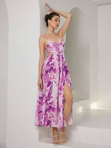 Bloemenprint Cut-Out Taille Split Dij Cami Jurk Vakantie Outfits Vrouw
